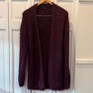 LOVE TREE Burgundy Fuzzy Cardigan Sweater Size S Cozy Open Front Boho Lagenlook